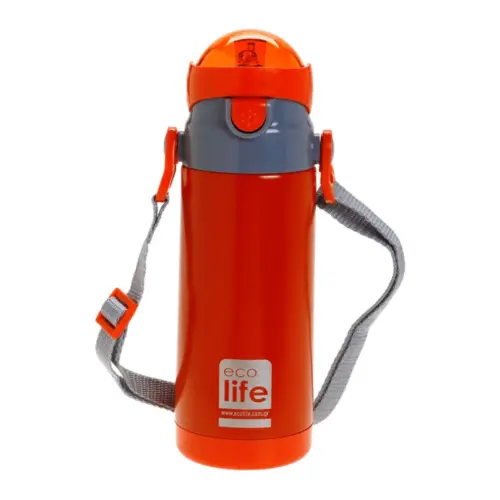 Ecolife Παγούρι Θερμός με καλαμάκι Ανοξείδωτο 400ml RED